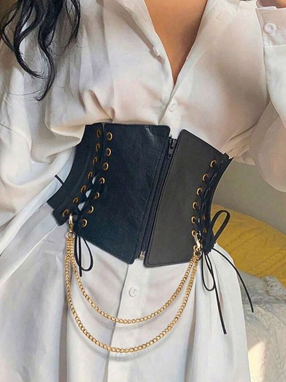 New black and gold chain gothic corset tie up belt